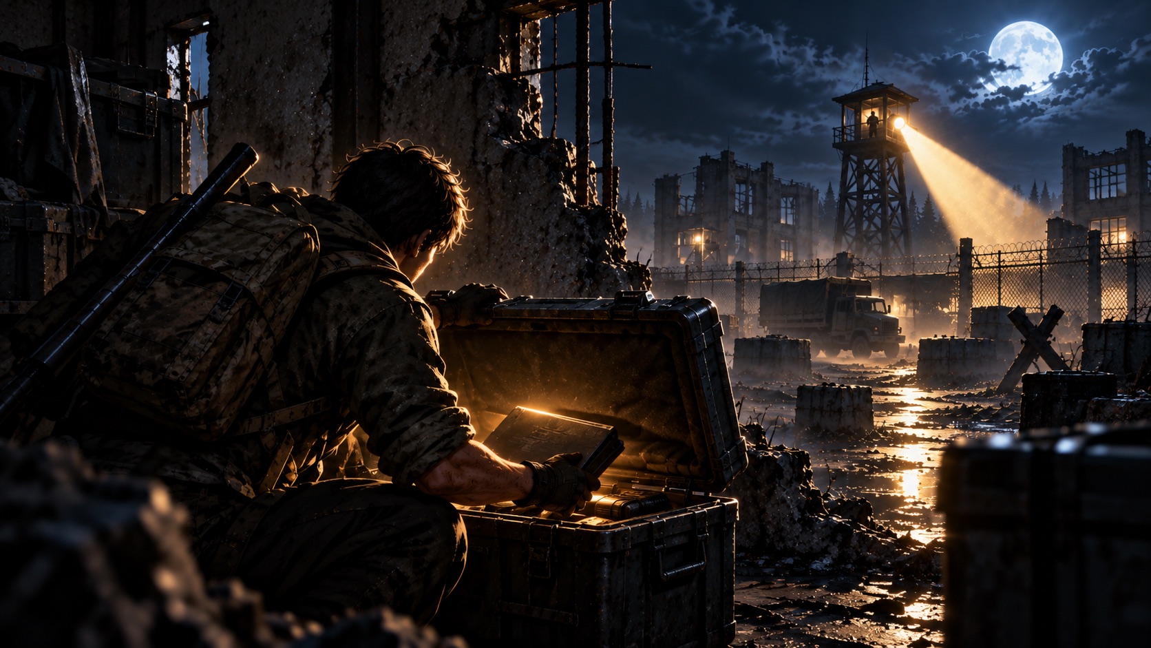 A stealth operative examines an objective beside cover in a moonlit compound
